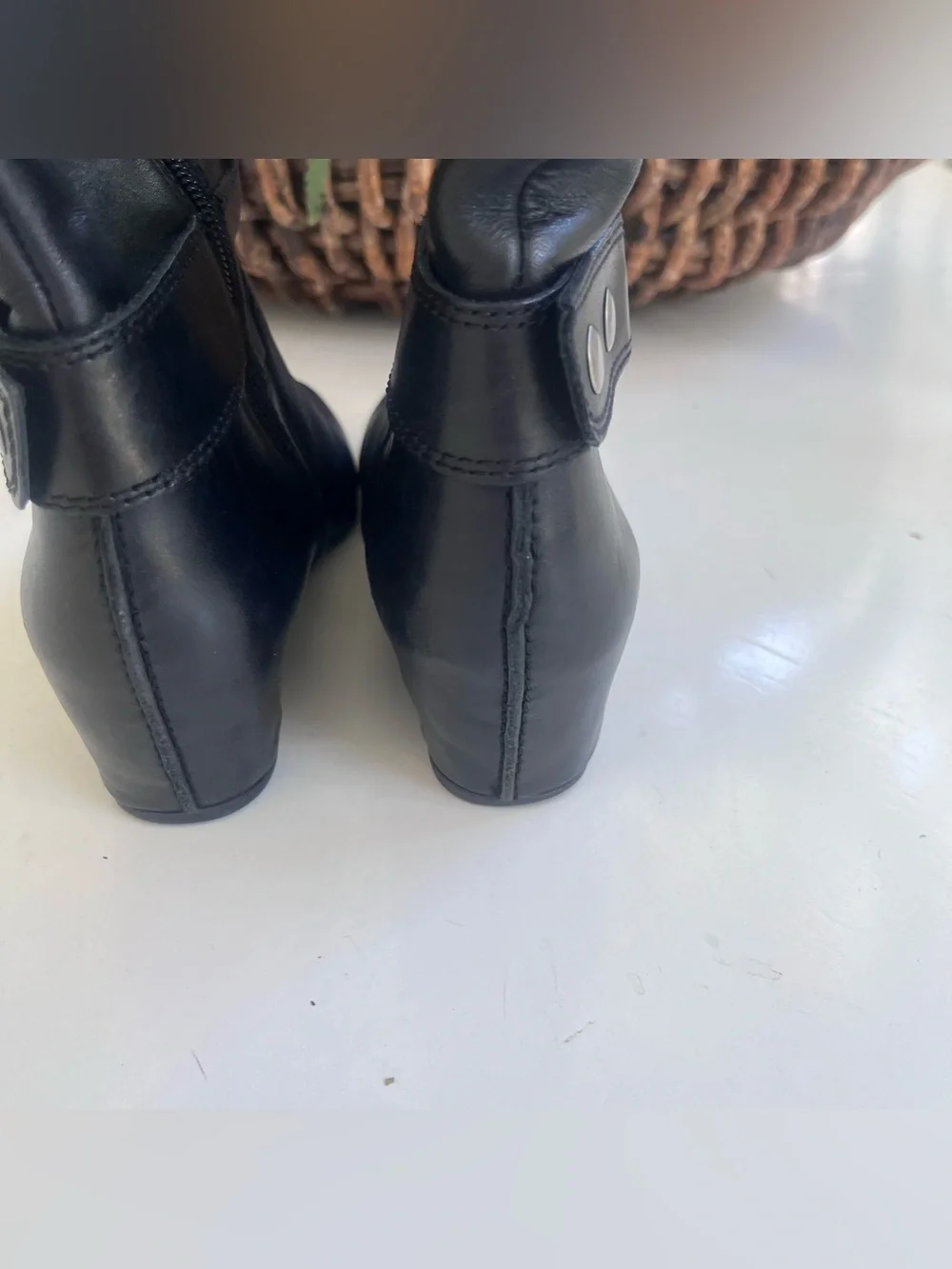 Franco Sarto 7.5M Tall Black Boots wedge Almond Toe Buckle Detail Side Zipper